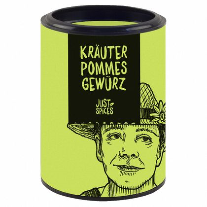 Just Spices Kräuter Pommes Gewürz Dose mit Zeichnung eines lächelnden Mannes und Kräutern