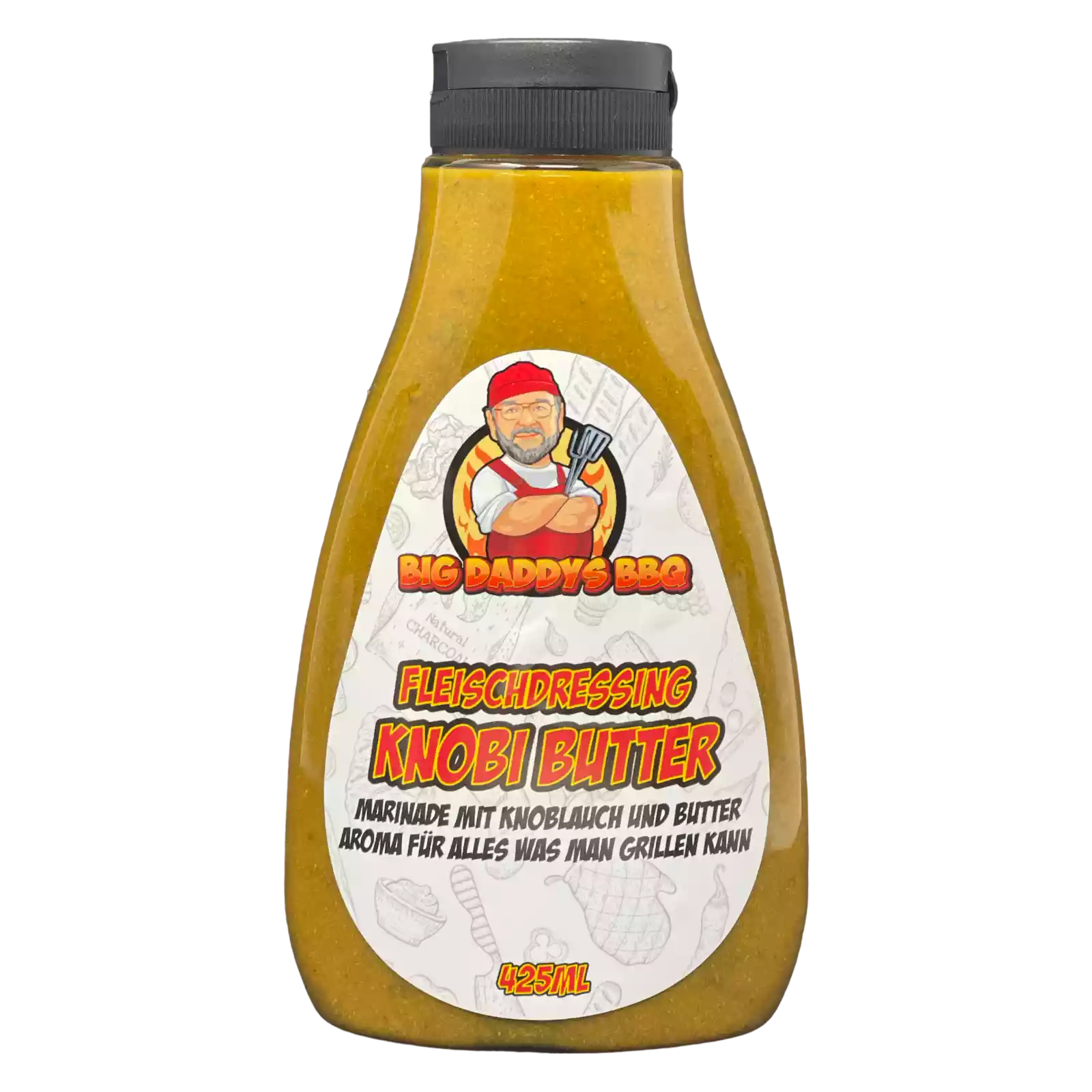 Flasche von Big Daddy's BBQ Knobi Butter Marinade mit Cartoon-Mann und Produktbeschreibung