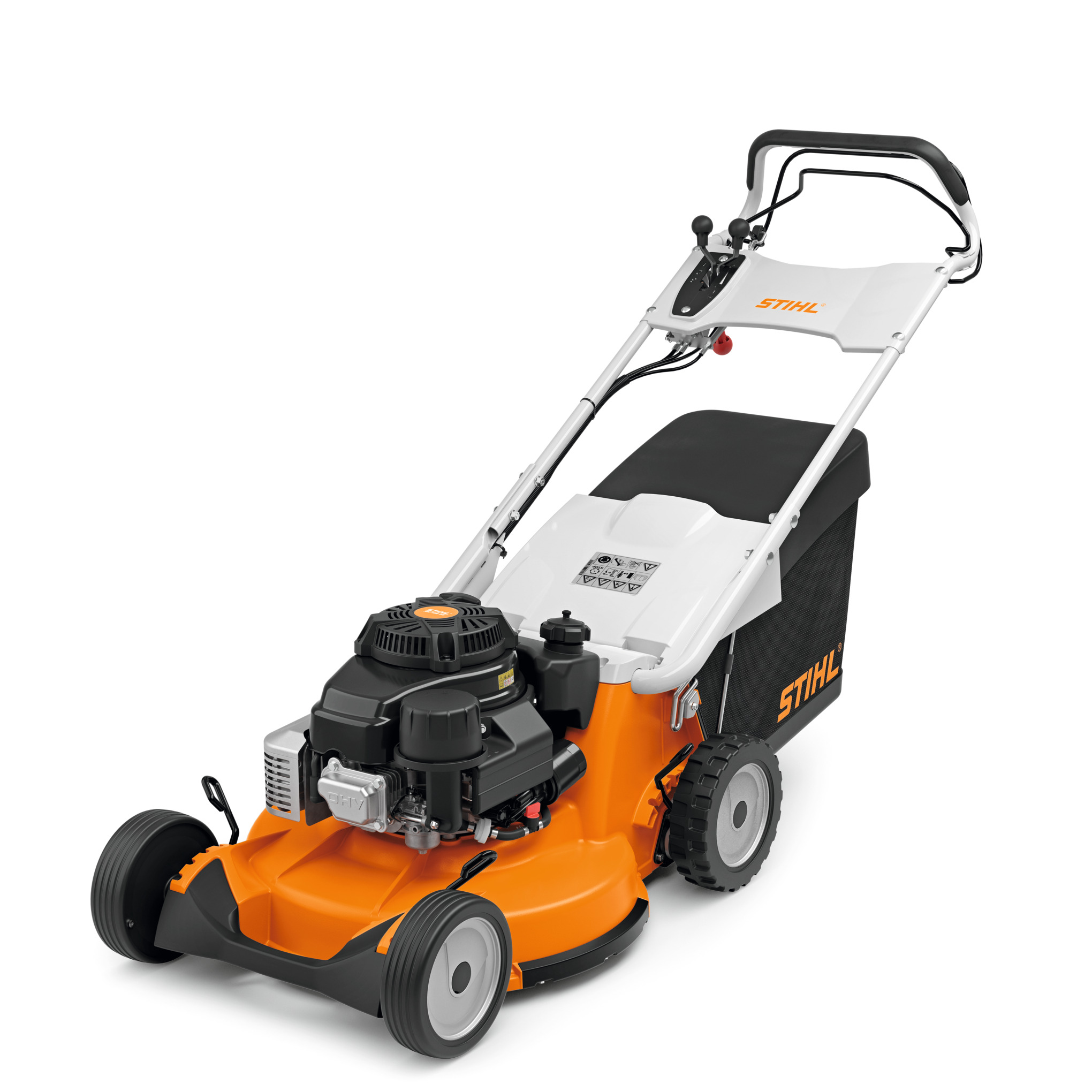Professioneller Stihl RM 756 GS Rasenmäher in Studioansicht mit markantem Design und technischen Details