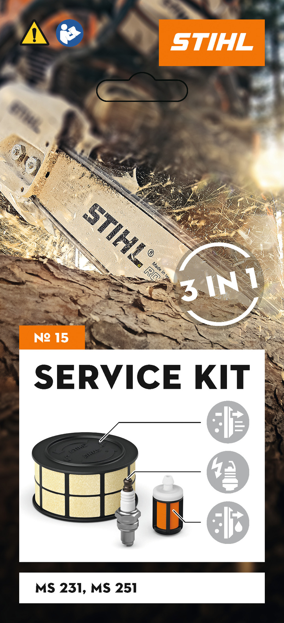 STIHL Motorsäge in Aktion, Service Kit 15 mit Luftfilter, Zündkerze und Kraftstofffilter für MS 231 und MS 251