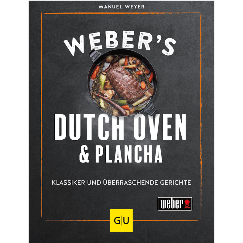 Cover des Buches Weber's Dutch Oven & Plancha mit einem geöffneten Dutch Oven voller Braten und Gemüse