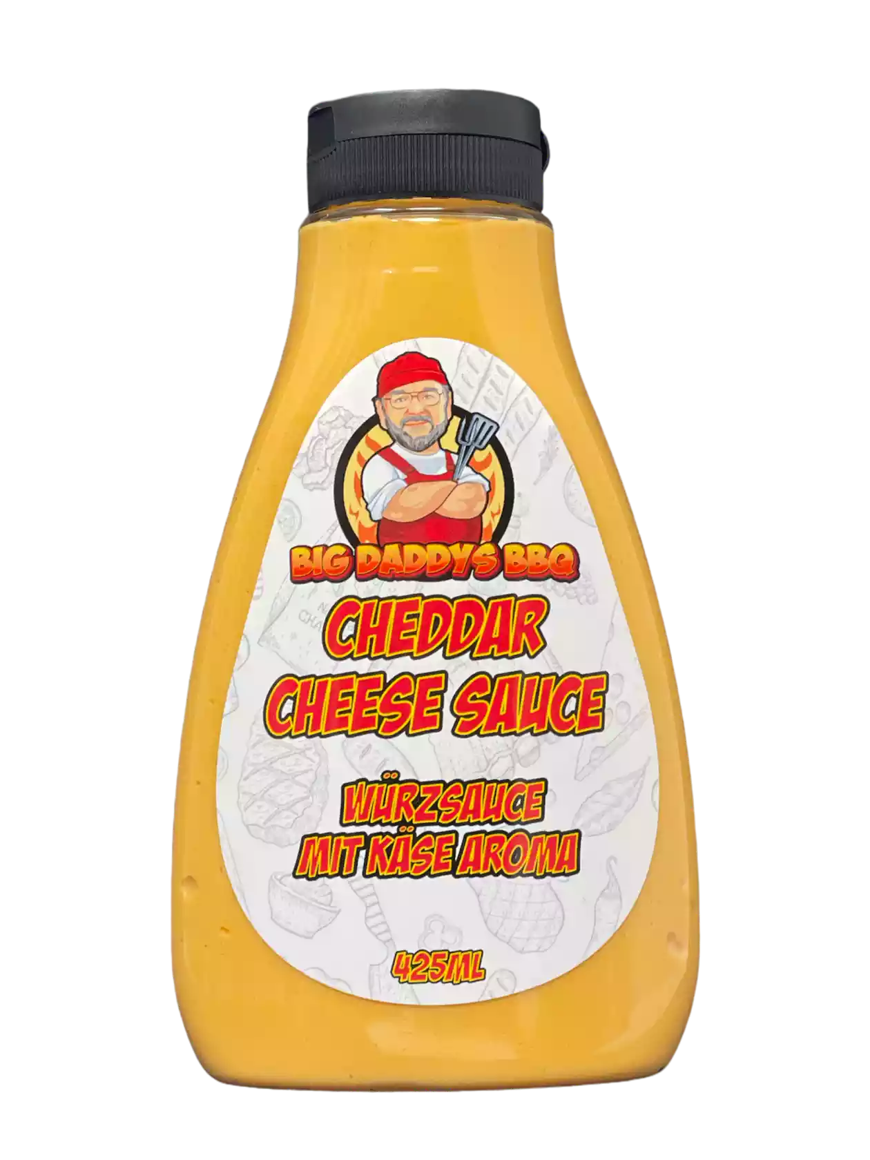 Flasche von Big Daddy's BBQ Cheddar Cheese Sauce mit Cartoon-Mann auf Etikett