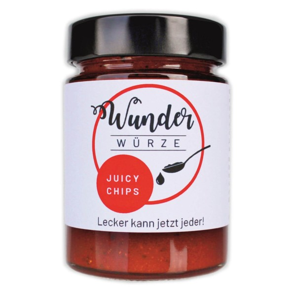 Glas mit Eatventure Wunderwürze Juicy Chips rotes Gewürzpulver sichtbar