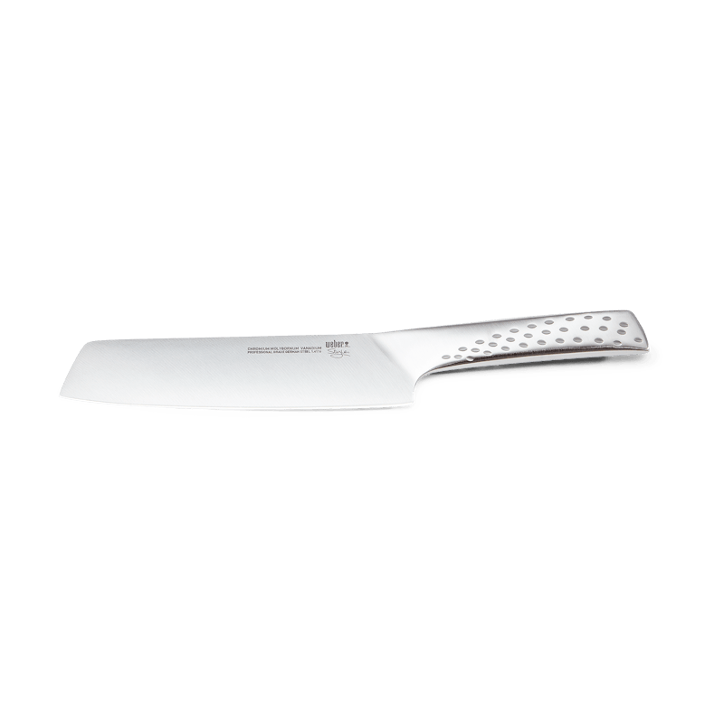 Deluxe Gemüsemesser mit Edelstahlklinge und ergonomischem Griff auf dunkelgrünem Hintergrund