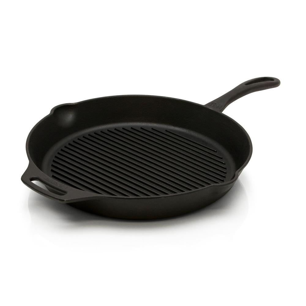 Schwarze Petromax Gusseisen Grill-Feuerpfanne gp35 mit geriffelter Oberfläche und Stiel