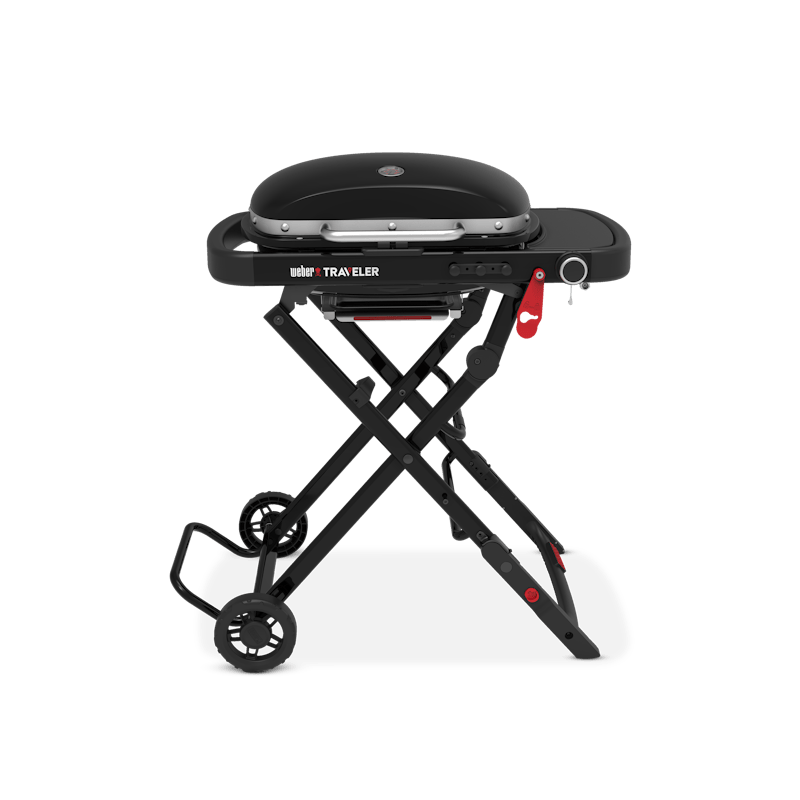 Weber Traveler Compact Gasgrill in Schwarz mit klappbarem Gestell und großen Rädern