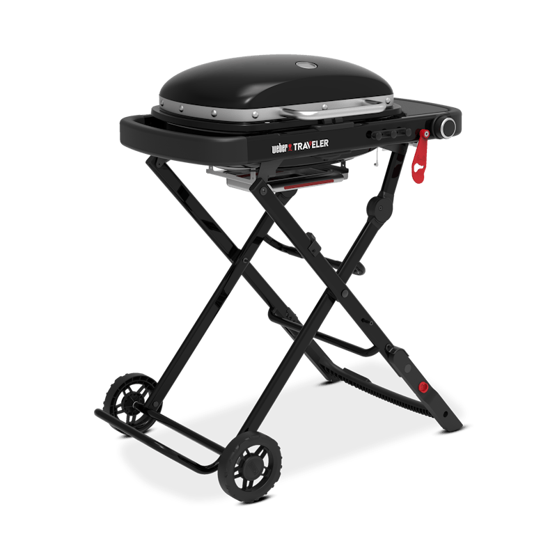 Weber Traveler Compact Gasgrill in Schwarz auf klappbarem Gestell mit Rädern