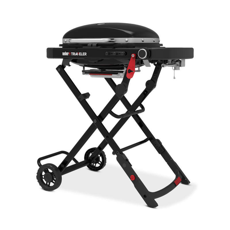 Weber Traveler Compact Gasgrill in Schwarz auf faltbarem Gestell mit großen Rädern