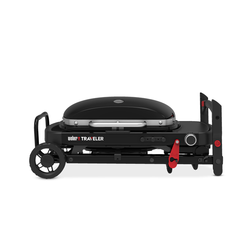 Weber Traveler Compact Gasgrill in Schwarz, zusammengeklappt und transportbereit