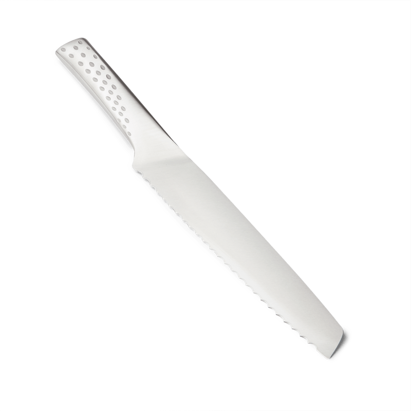 Deluxe Brotmesser mit ergonomischem Griff und gezahnter Klinge auf grünem Hintergrund