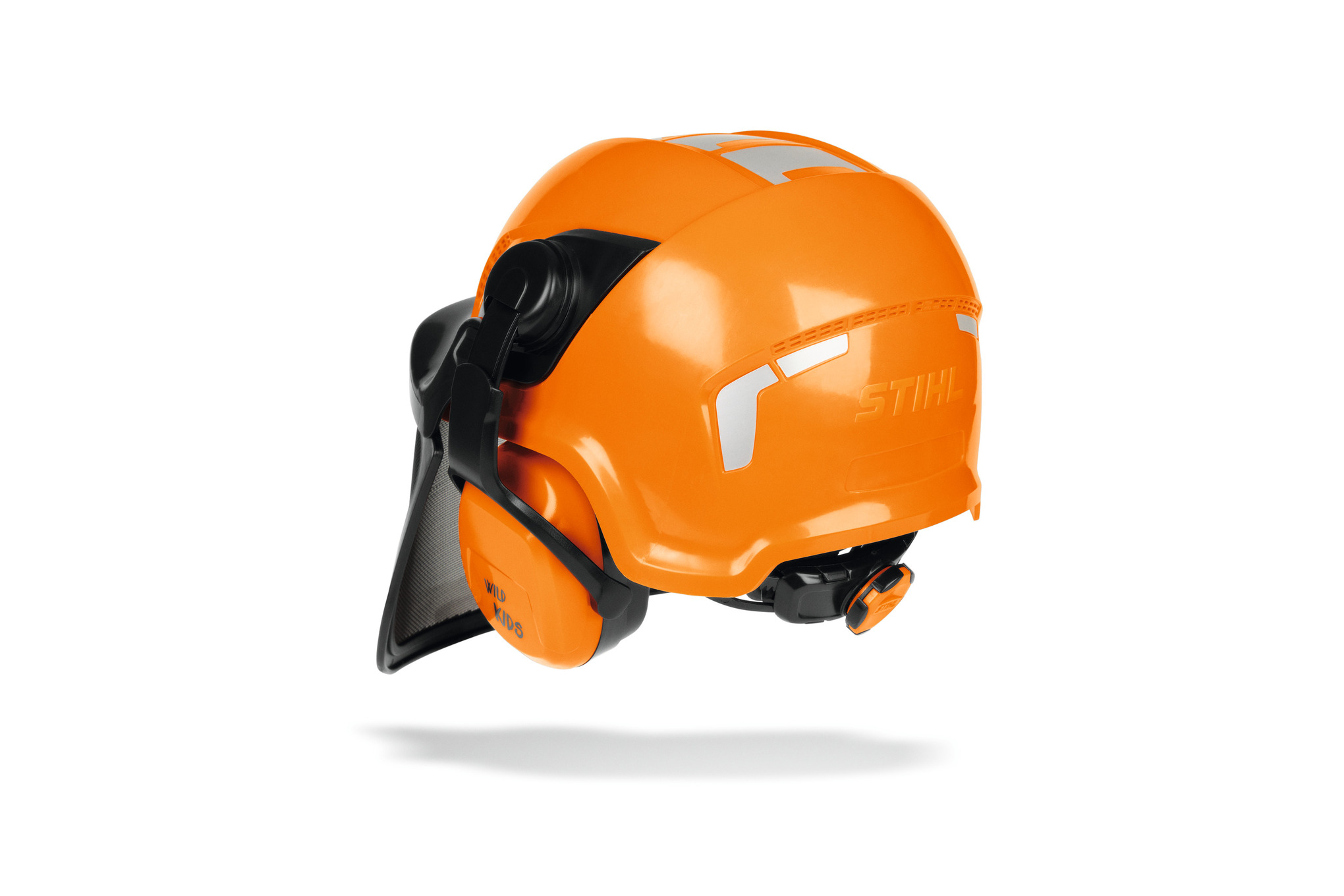 Orangefarbener STIHL Kinder-Spielzeughelm mit Visier und Logo auf weißem Hintergrund
