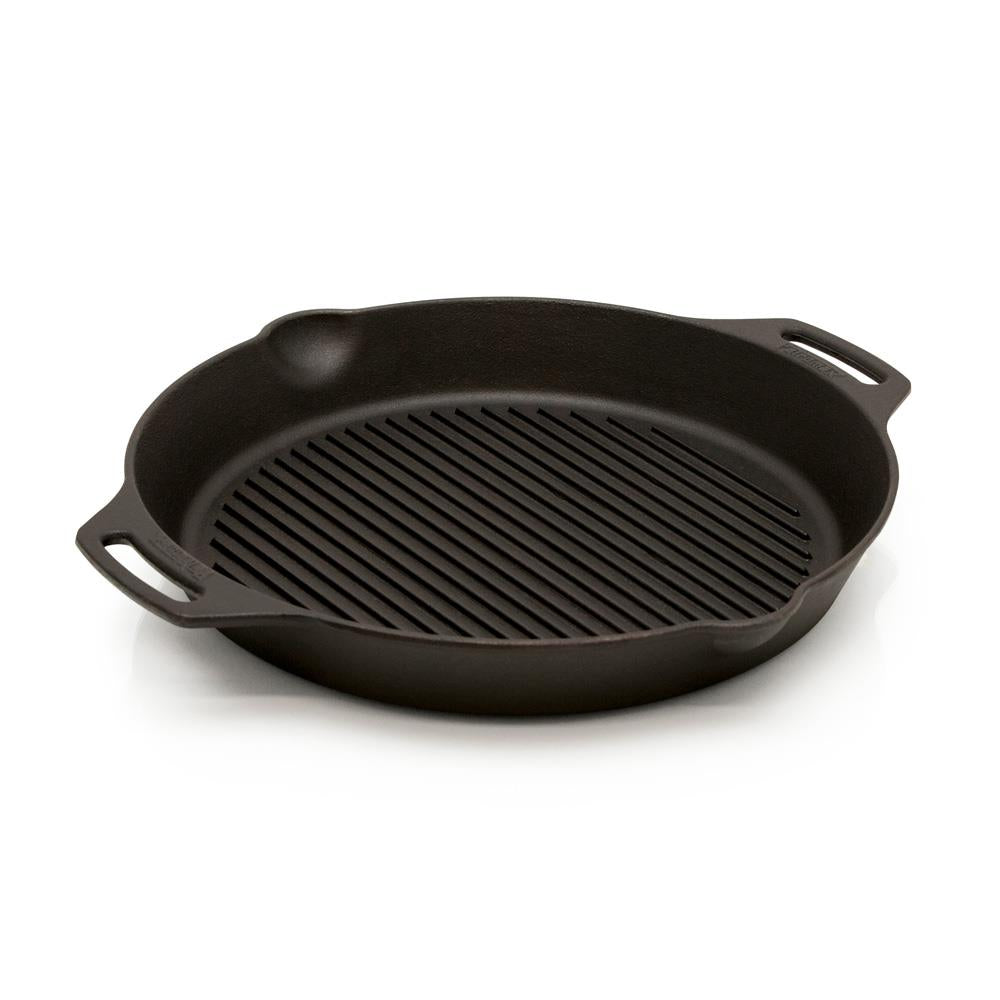 Schwarze Gusseisen Grill-Feuerpfanne gp35h mit gerippter Innenfläche und zwei Henkeln