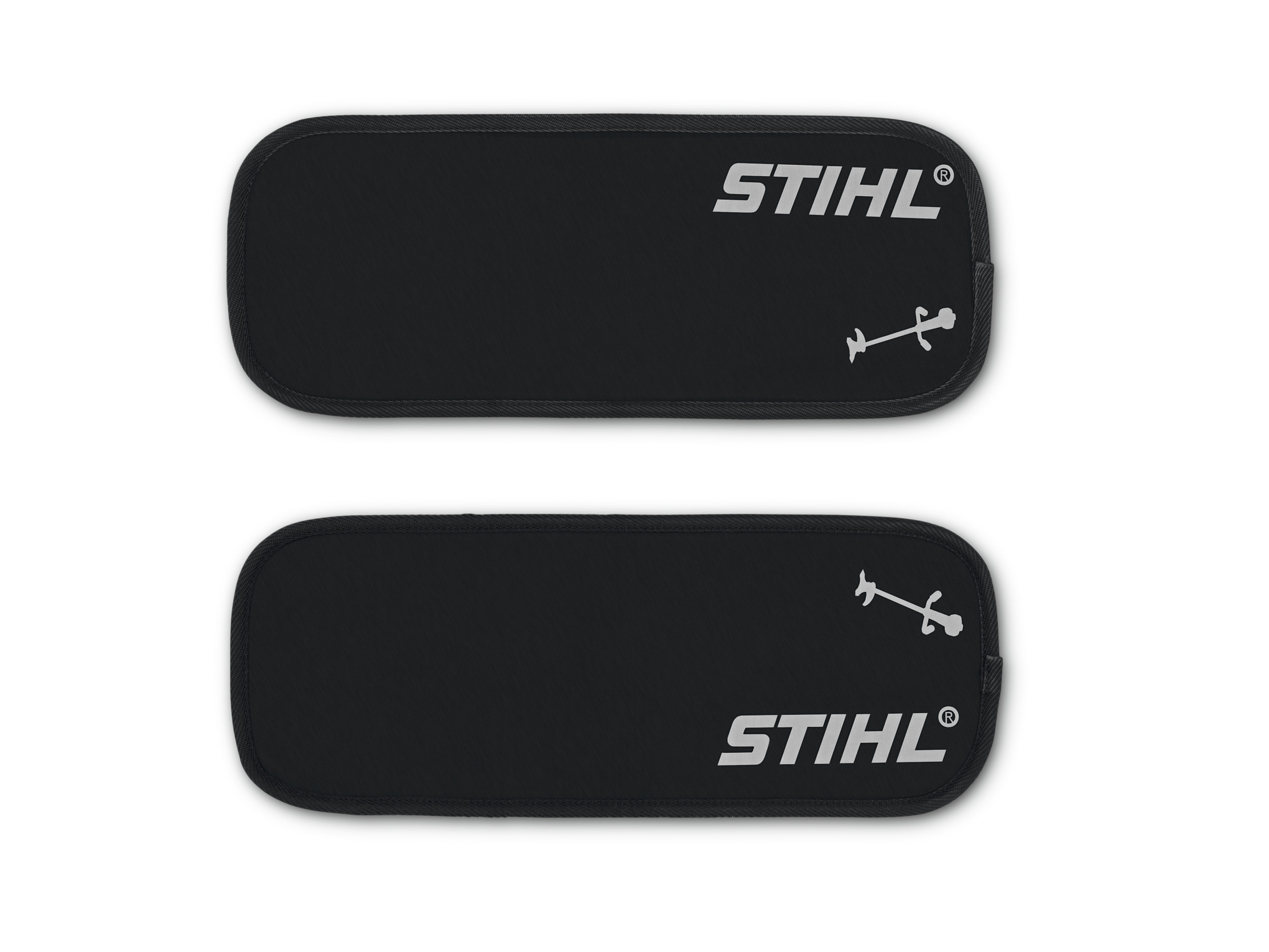 Zwei schwarze STIHL FS-Beinschützer mit Logo auf weißem Hintergrund