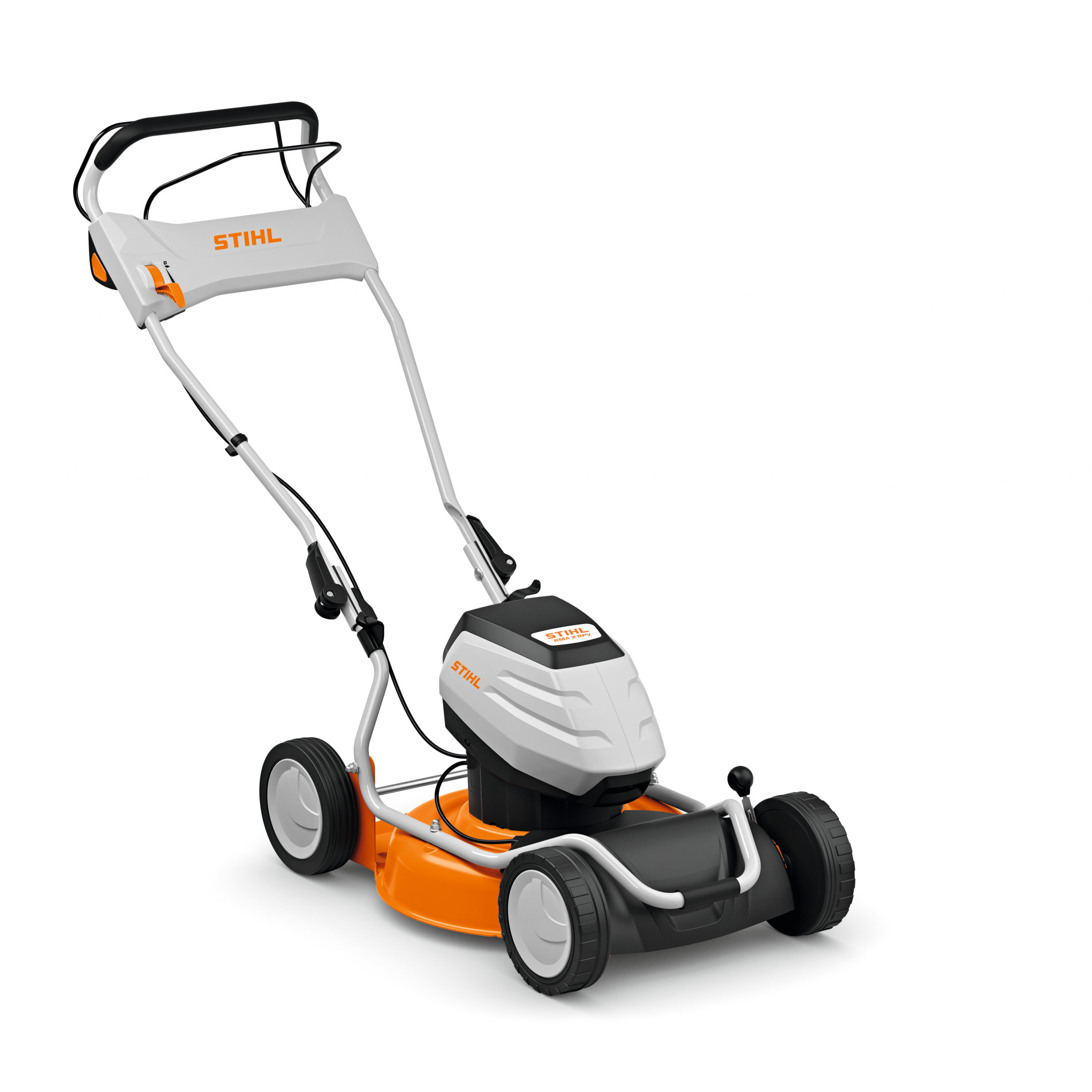 STIHL RMA 2 RPV Akku-Mulchmäher in Studioansicht mit klappbarem Holm und orangefarbenem Gehäuse