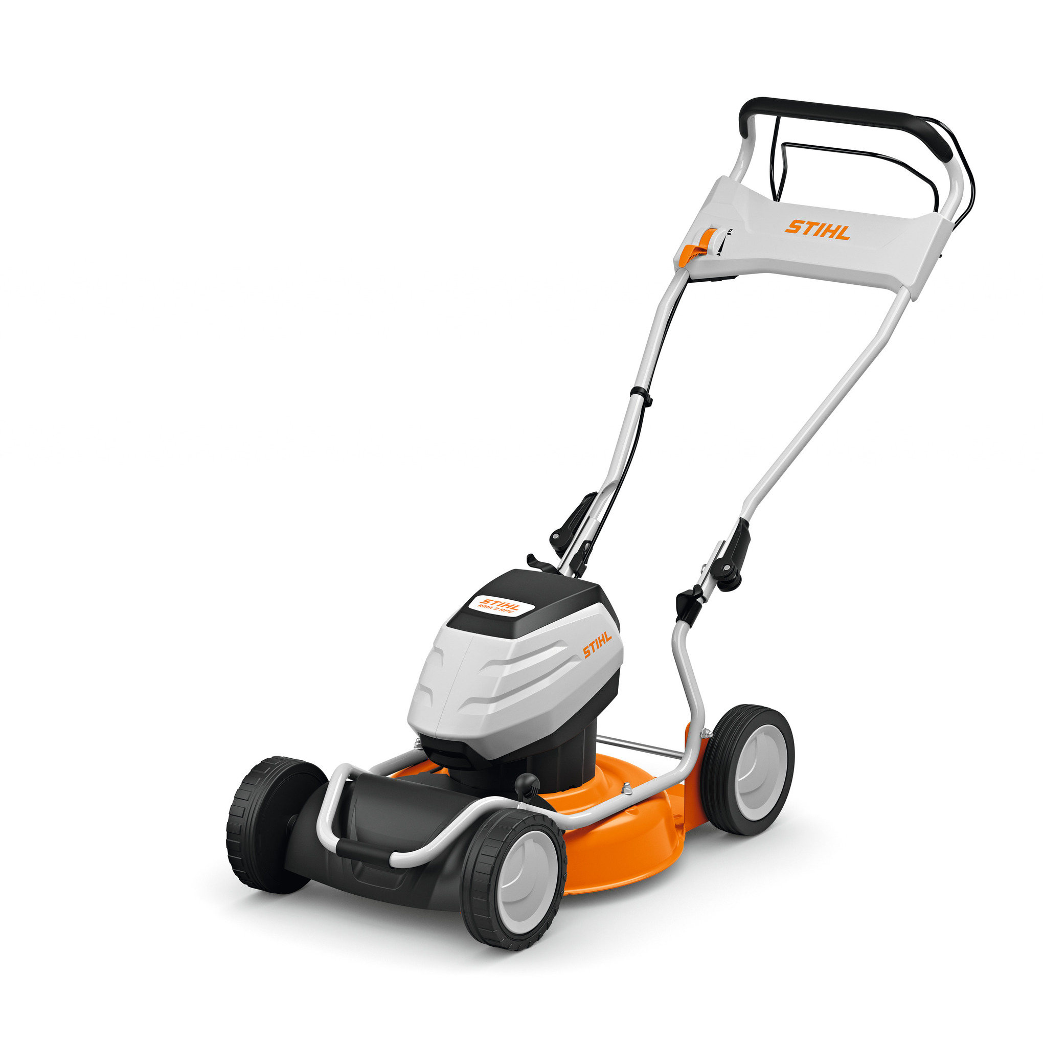 STIHL RMA 2 RPV Akku-Mulchmäher in Grau und Orange auf weißem Hintergrund