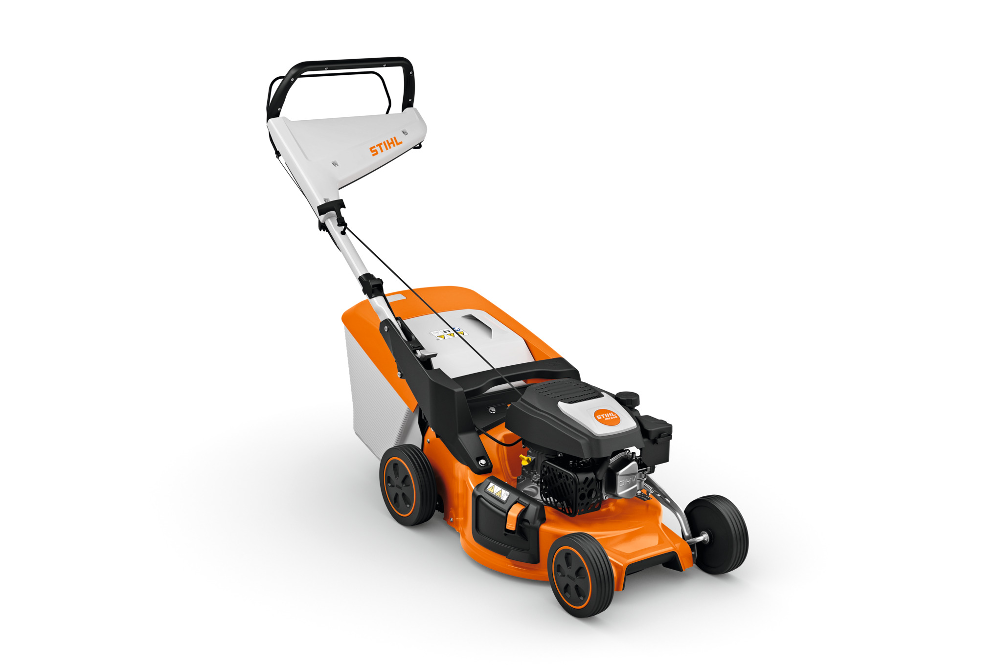 STIHL RM 248 Rasenmäher in Orange und Weiß mit sichtbarem Benzinmotor und Markenlogo