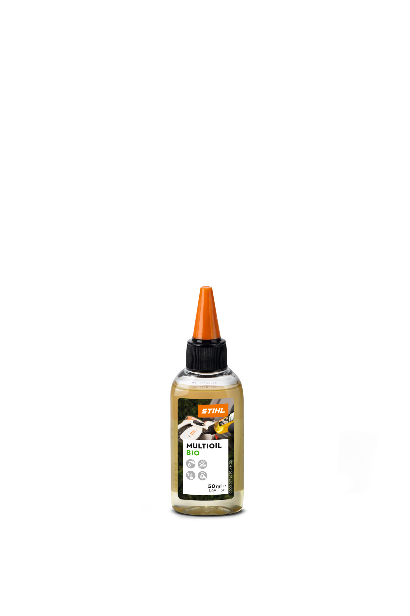 STIHL Multioil Bio 50 ml Flasche auf weißem Hintergrund