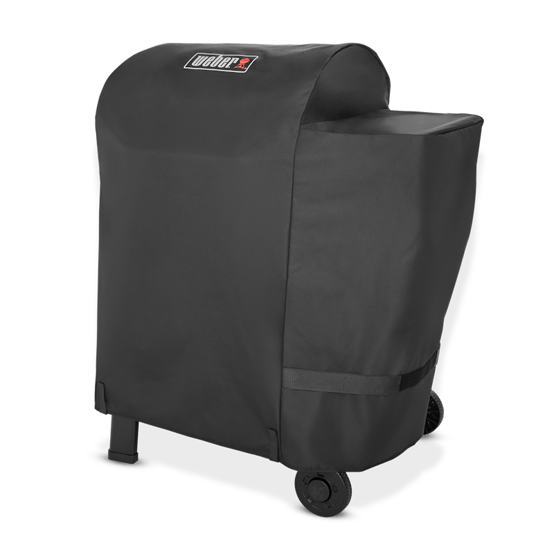 Weber Premium Abdeckhaube auf Searwood Holzpelletgrill mit Weber-Logo und Klettbändern