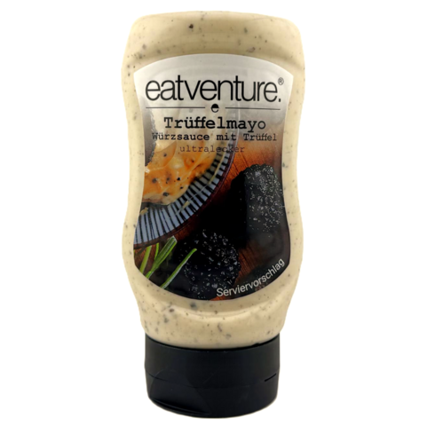 Flasche Trüffel Mayonnaise von eatventure mit sichtbaren Gewürzpartikeln