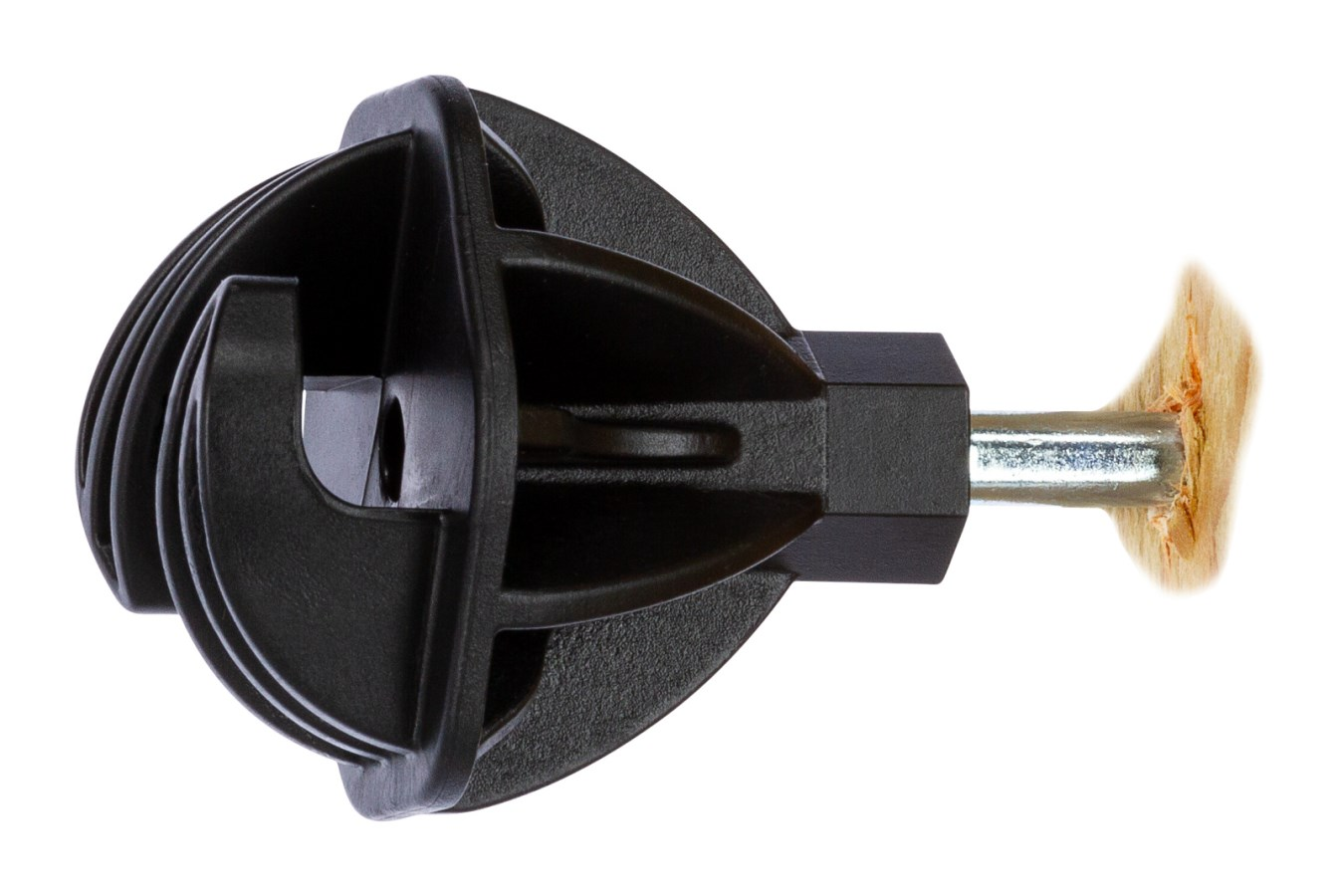Nahaufnahme eines schwarzen EASYCord Seilisolators mit Metallschraube