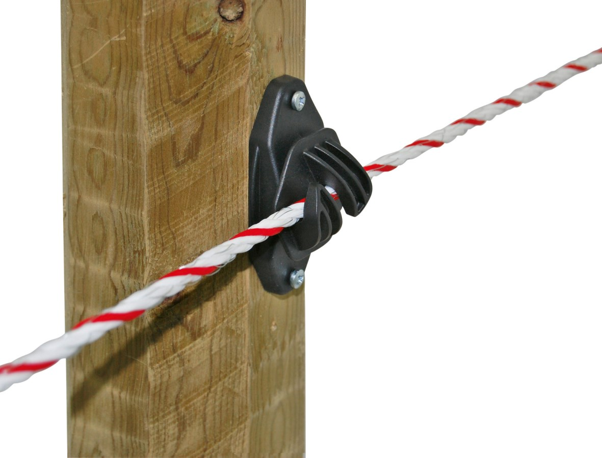 Nahaufnahme eines EASYCord Seilisolators an einem Holzpfosten mit rot-weißem Elektroseil