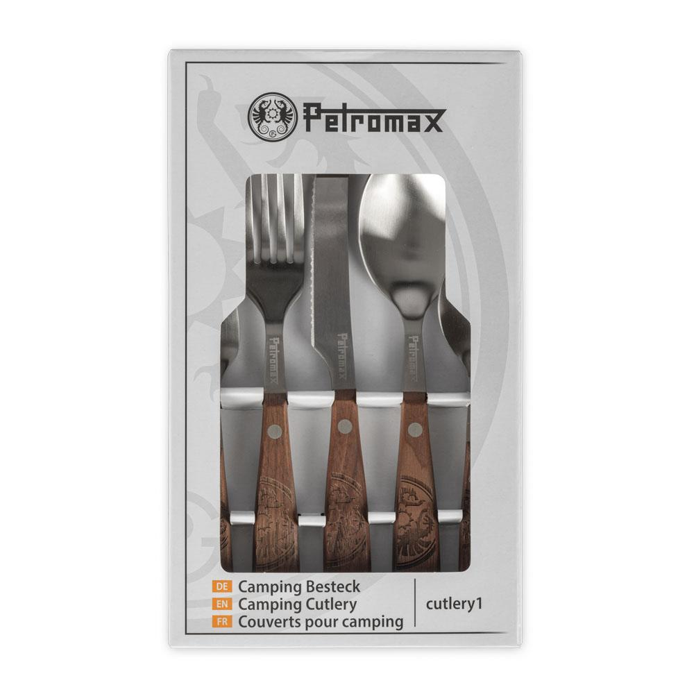 Petromax Camping Besteck Set in Verpackung mit Walnussholzgriffen