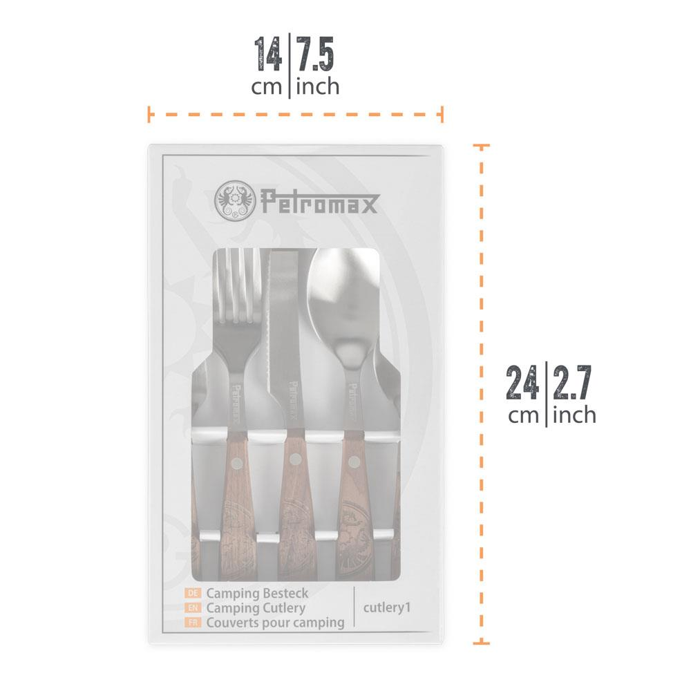 Petromax Camping Besteck Set in transparenter Verpackung mit Holzgriffen