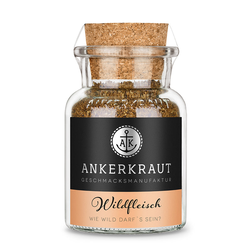 Glasgefäß mit Ankerkraut Wildfleisch Gewürzmischung und Korkdeckel