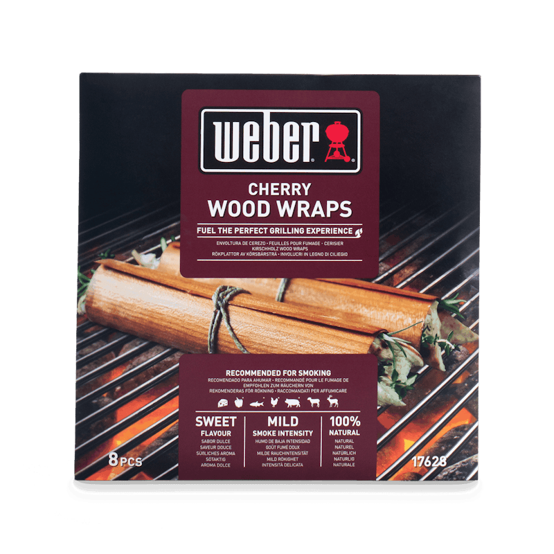Weber Cherry Wood Wraps Verpackung mit Produktinformationen und Holzplättchen