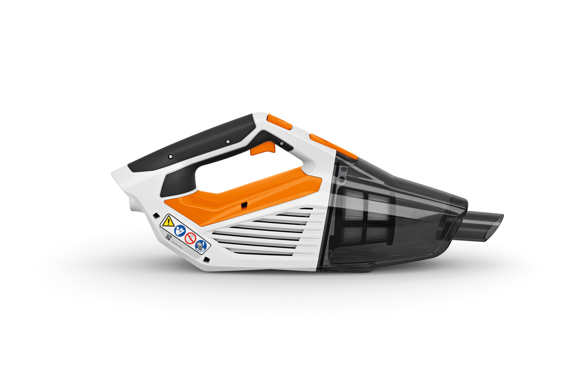 Stihl SEA 20 Handstaubsauger in Weiß und Orange mit transparentem Staubbehälter