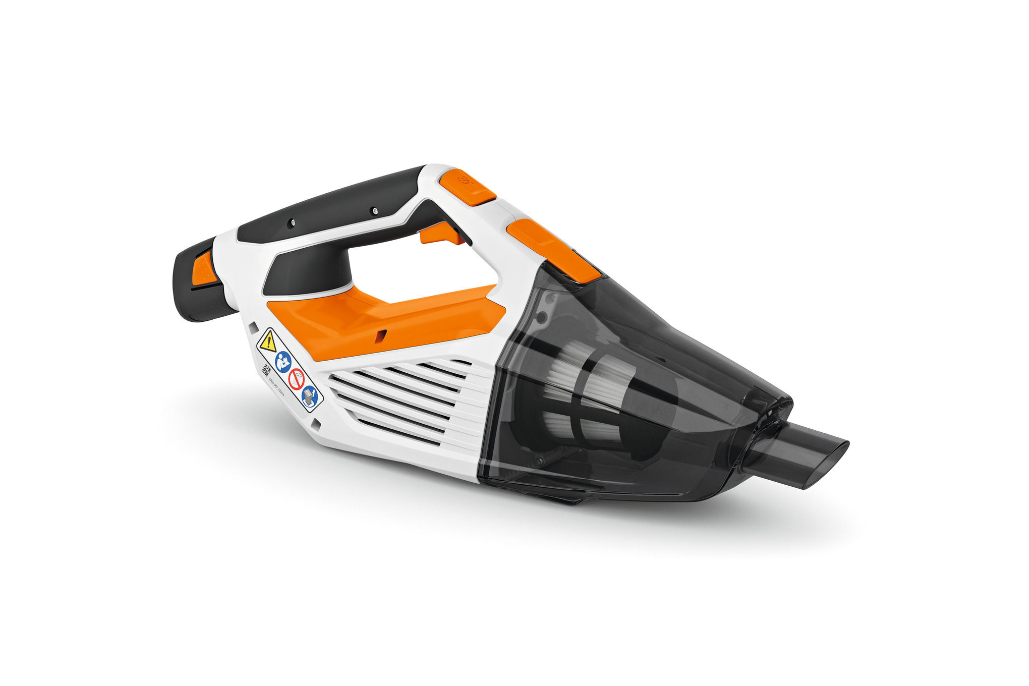 Stihl SEA 20 Handstaubsauger in Weiß und Orange mit transparentem Schmutzbehälter