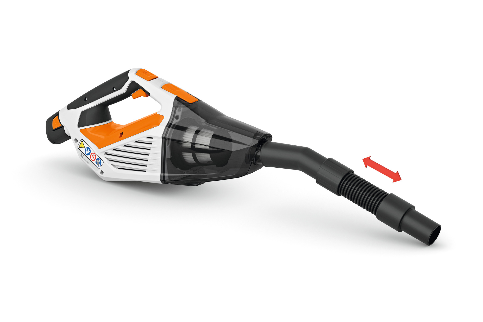 Stihl SEA 20 Handstaubsauger in Weiß und Orange mit transparentem Staubbehälter und flexiblem Schlauch