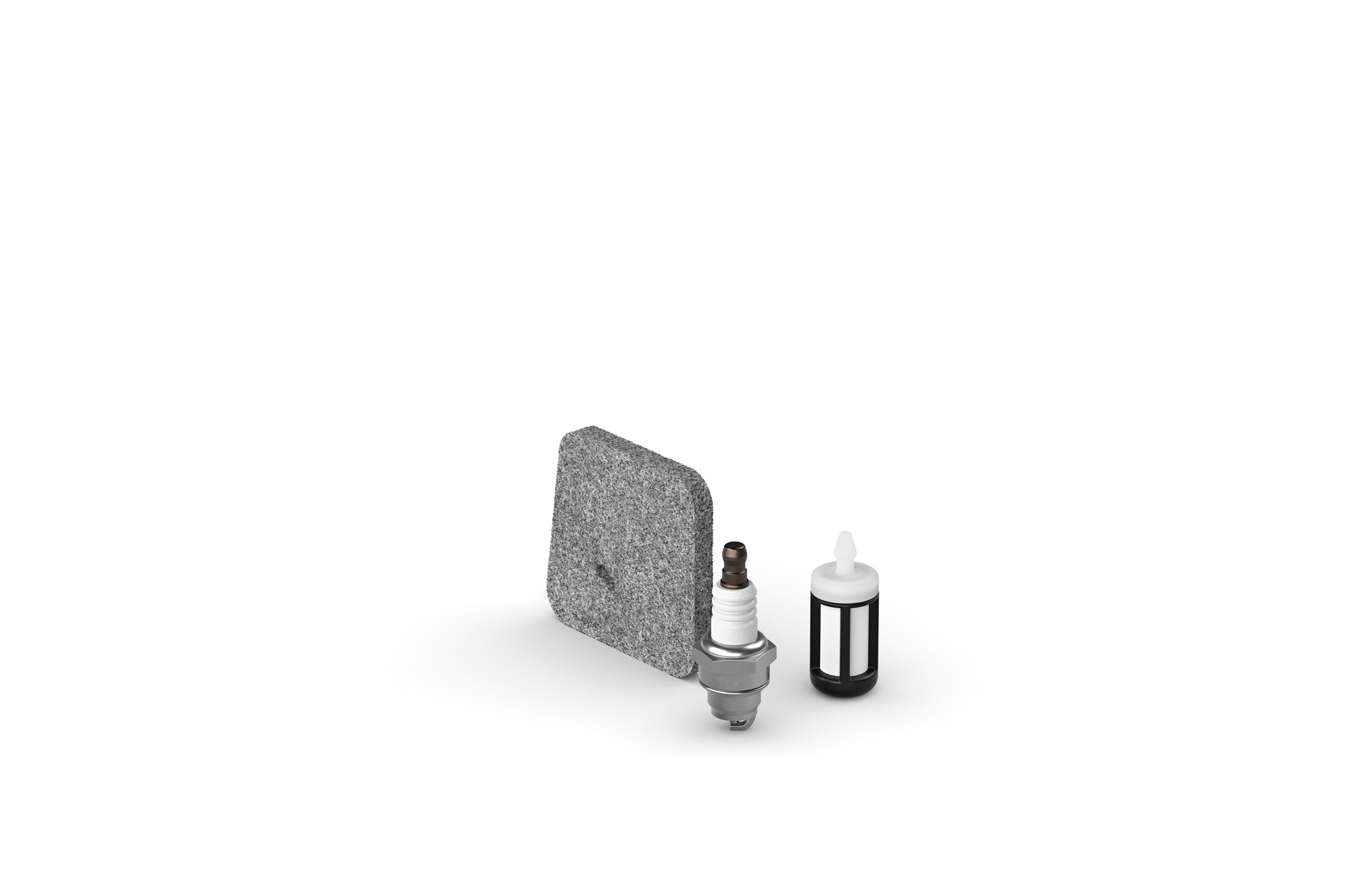 STIHL Service Kit 24 mit Vliesluftfilter, Zündkerze und Kraftstofffilter auf weißem Hintergrund