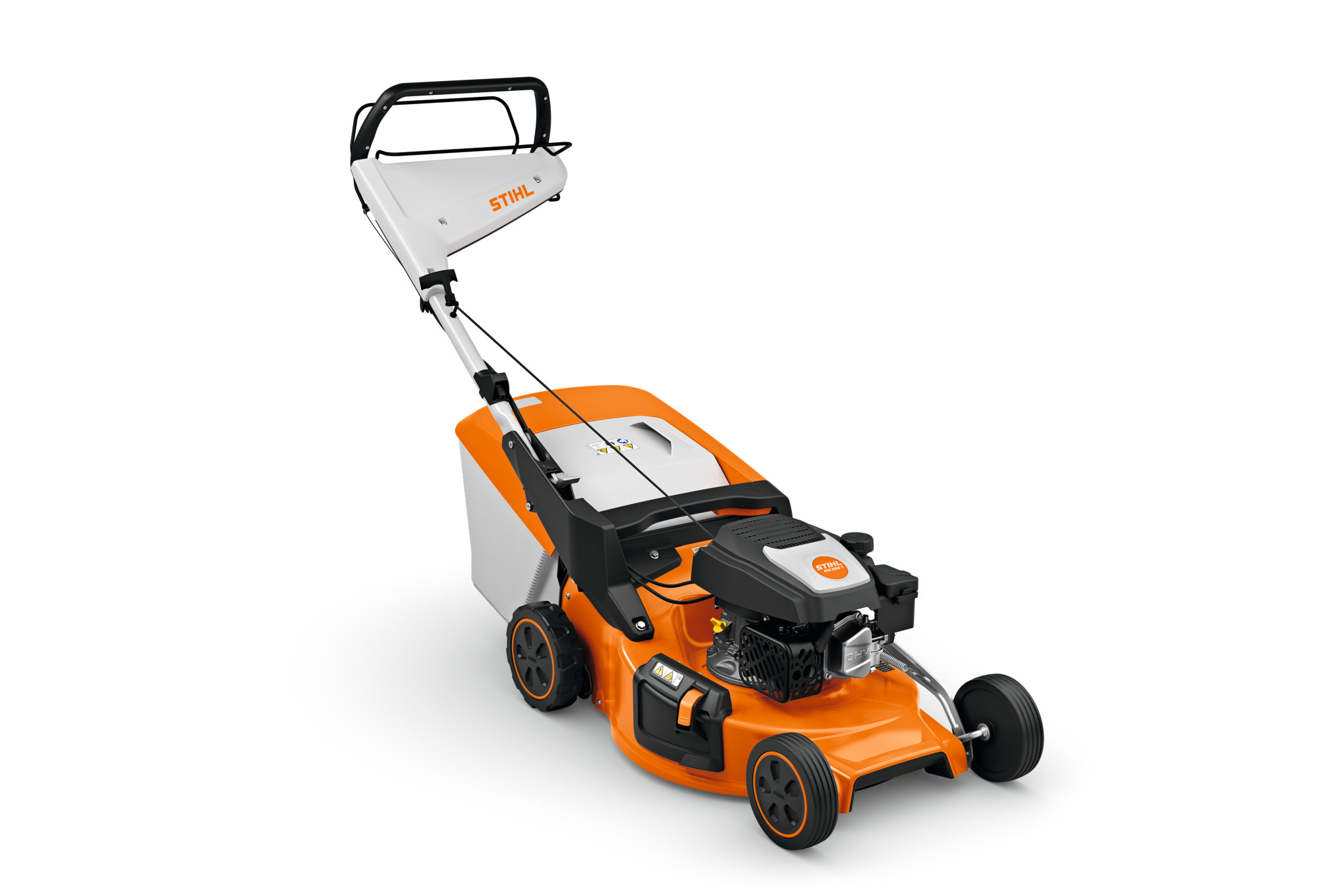 STIHL RM 253 T Rasenmäher in Orange und Weiß mit Markenlogo und Grasfangkorb