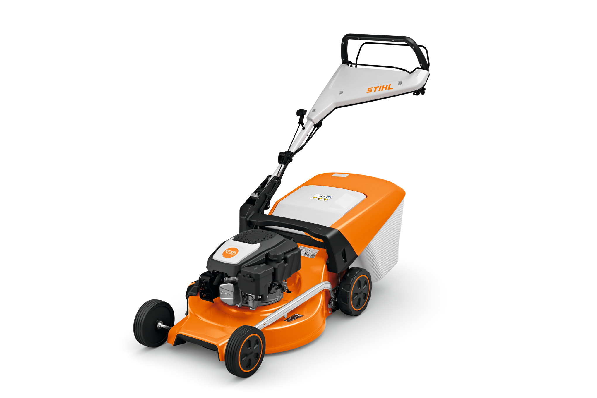 STIHL RM 253 T Rasenmäher in Orange und Weiß auf weißem Hintergrund