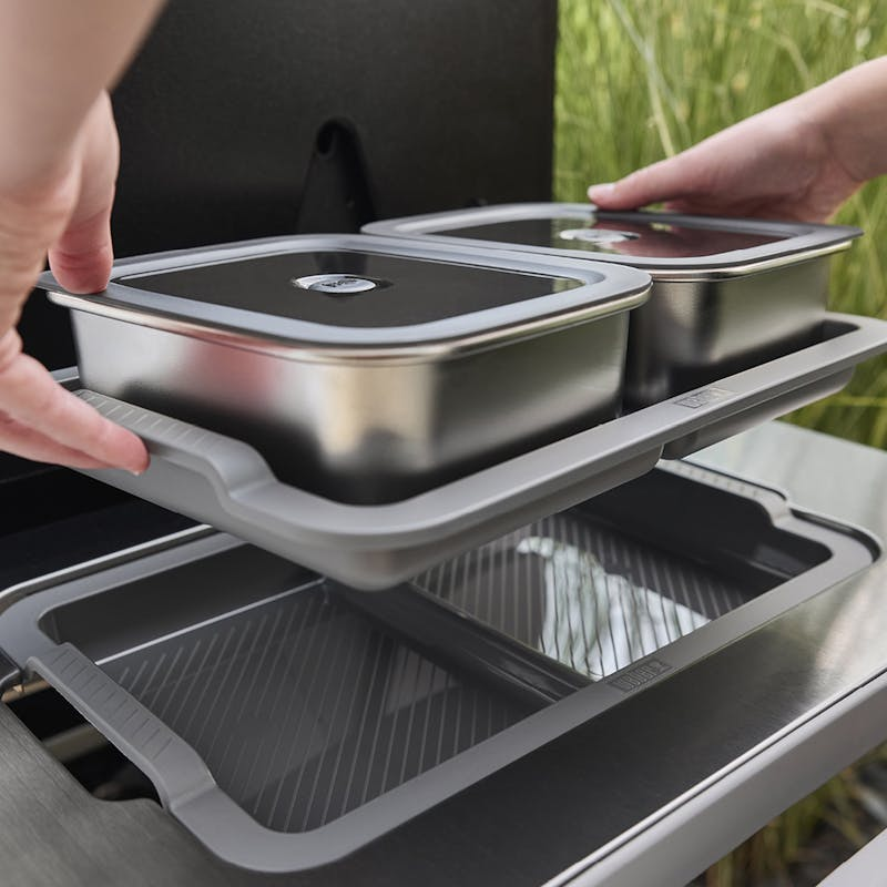 Edelstahl-Vorratsbehälter in Serviertablett für Weber Grill