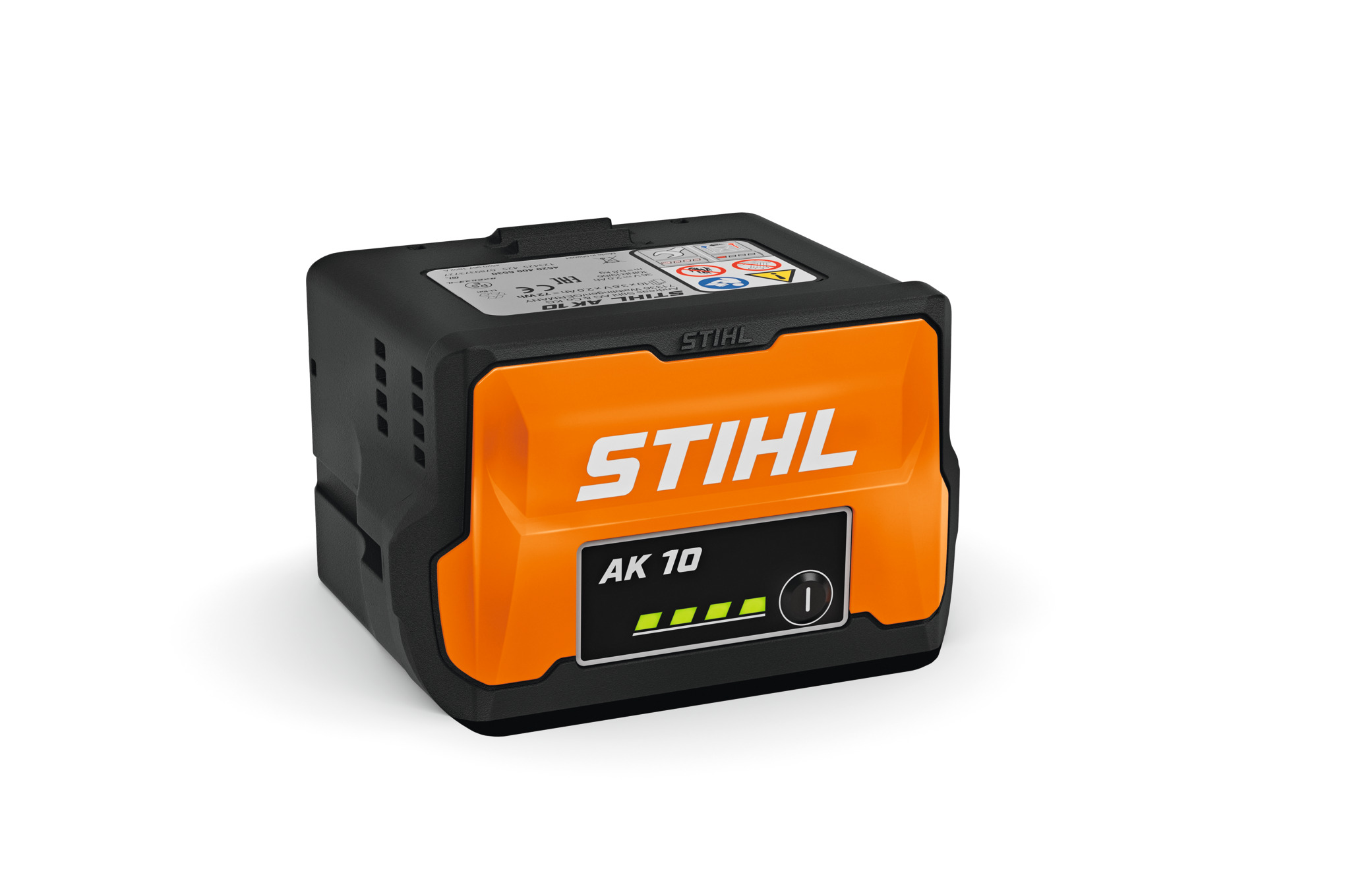 Stihl AK 10 Akkumulator in Orange und Schwarz mit LED-Ladezustandsanzeige