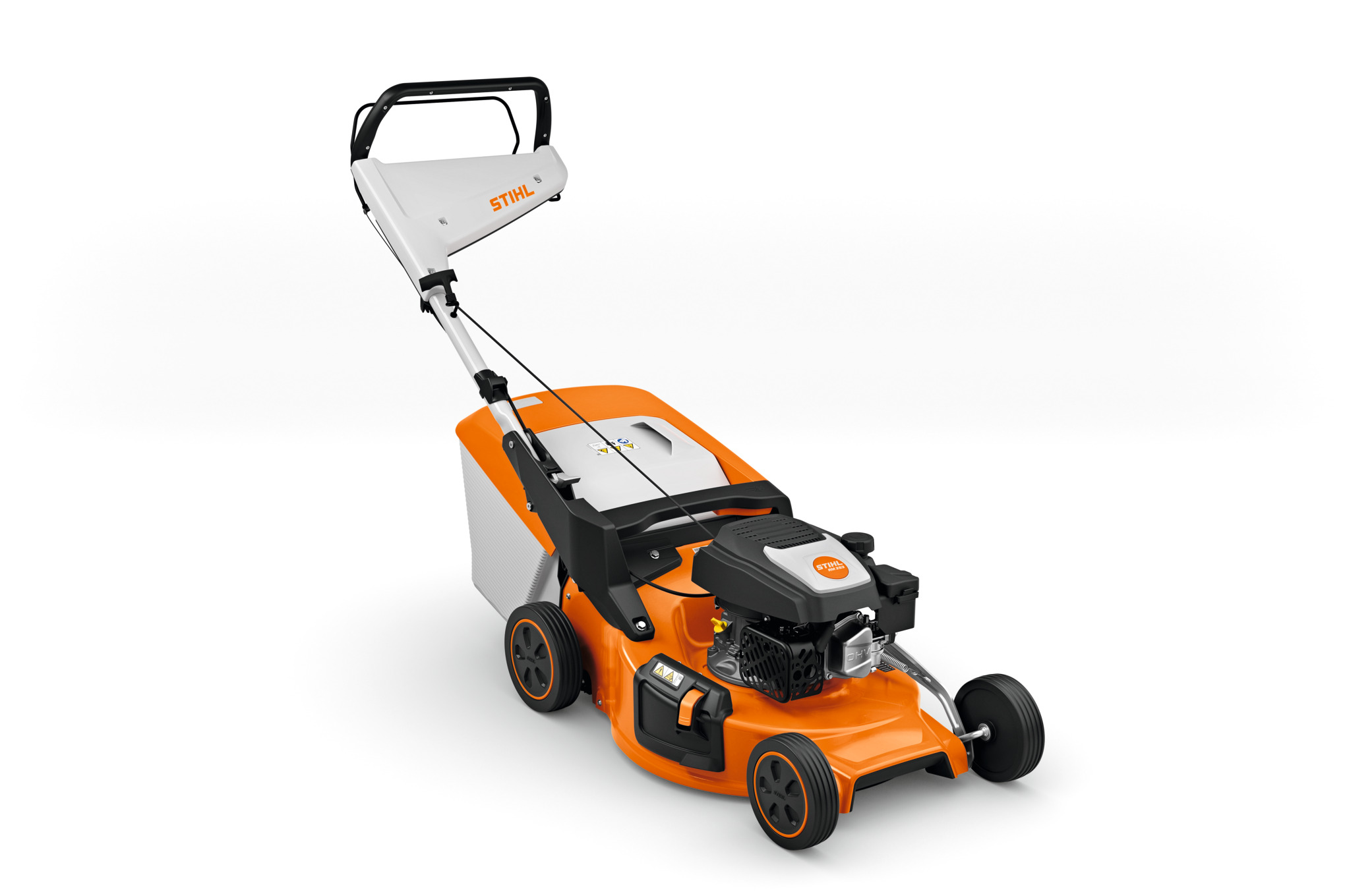 STIHL RM 253 Rasenmäher in Orange und Weiß mit Benzinmotor und Fangkorb