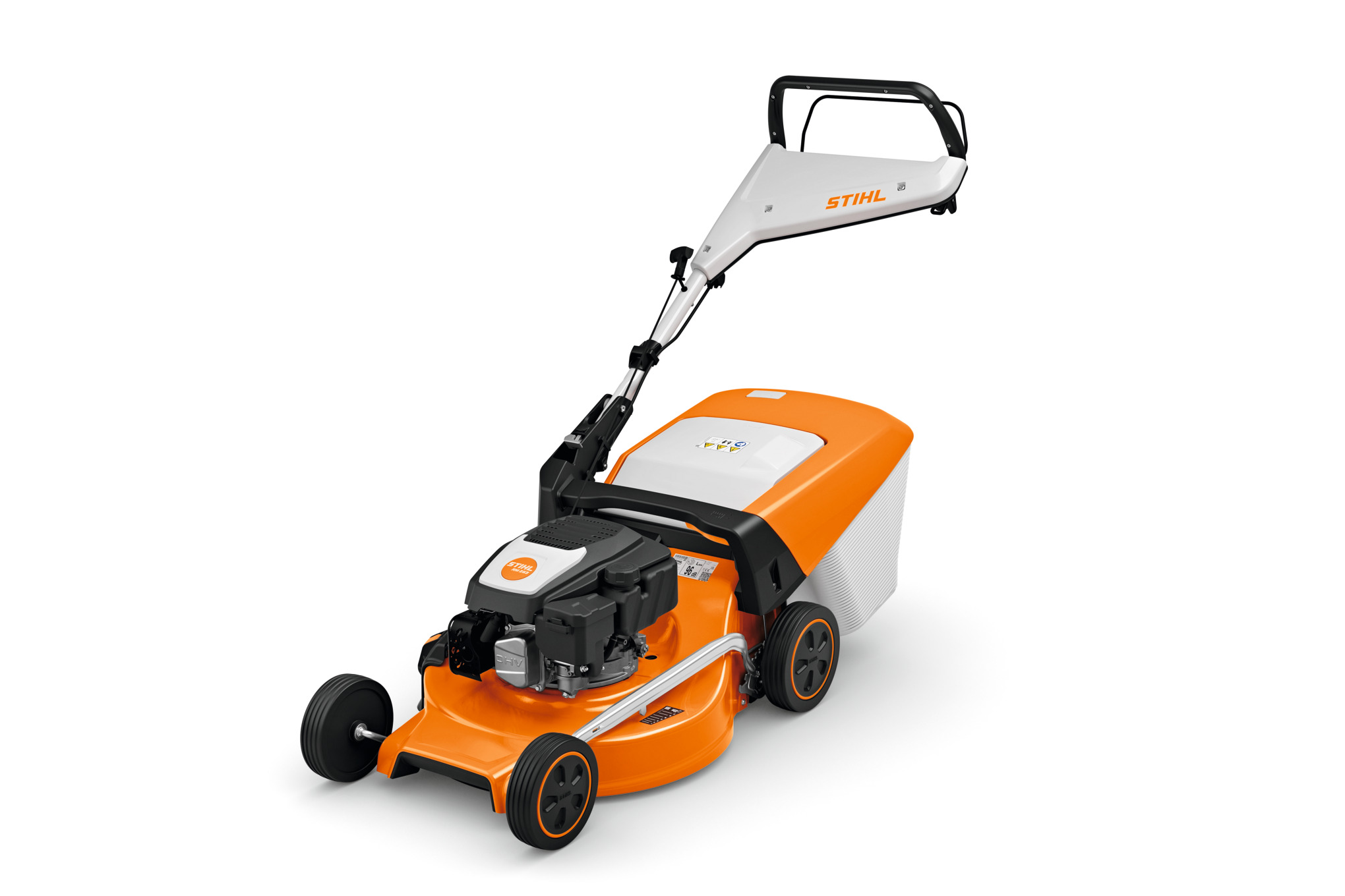 STIHL RM 253 Rasenmäher in Orange und Weiß mit Benzinmotor und Fangkorb