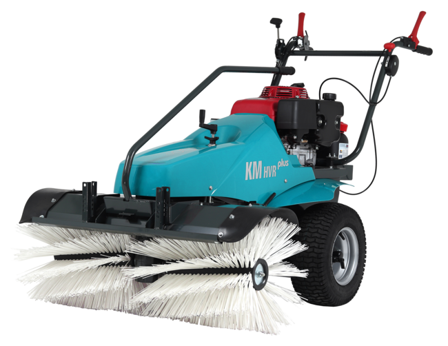 Türkise Kehrmaschine Remarc KM HVR PLUS 120 mit großer weißer Bürste und rotem Motor