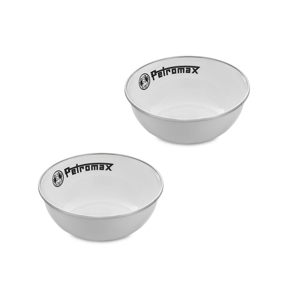 Zwei weiße Petromax Emaille Schalen mit schwarzem Rand und Logo