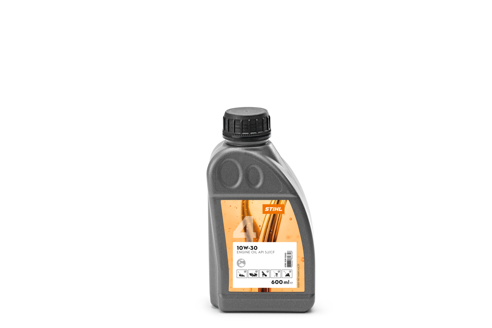 STIHL Motorenöl 10 W-30 in einer 600 ml Flasche auf neutralem Hintergrund