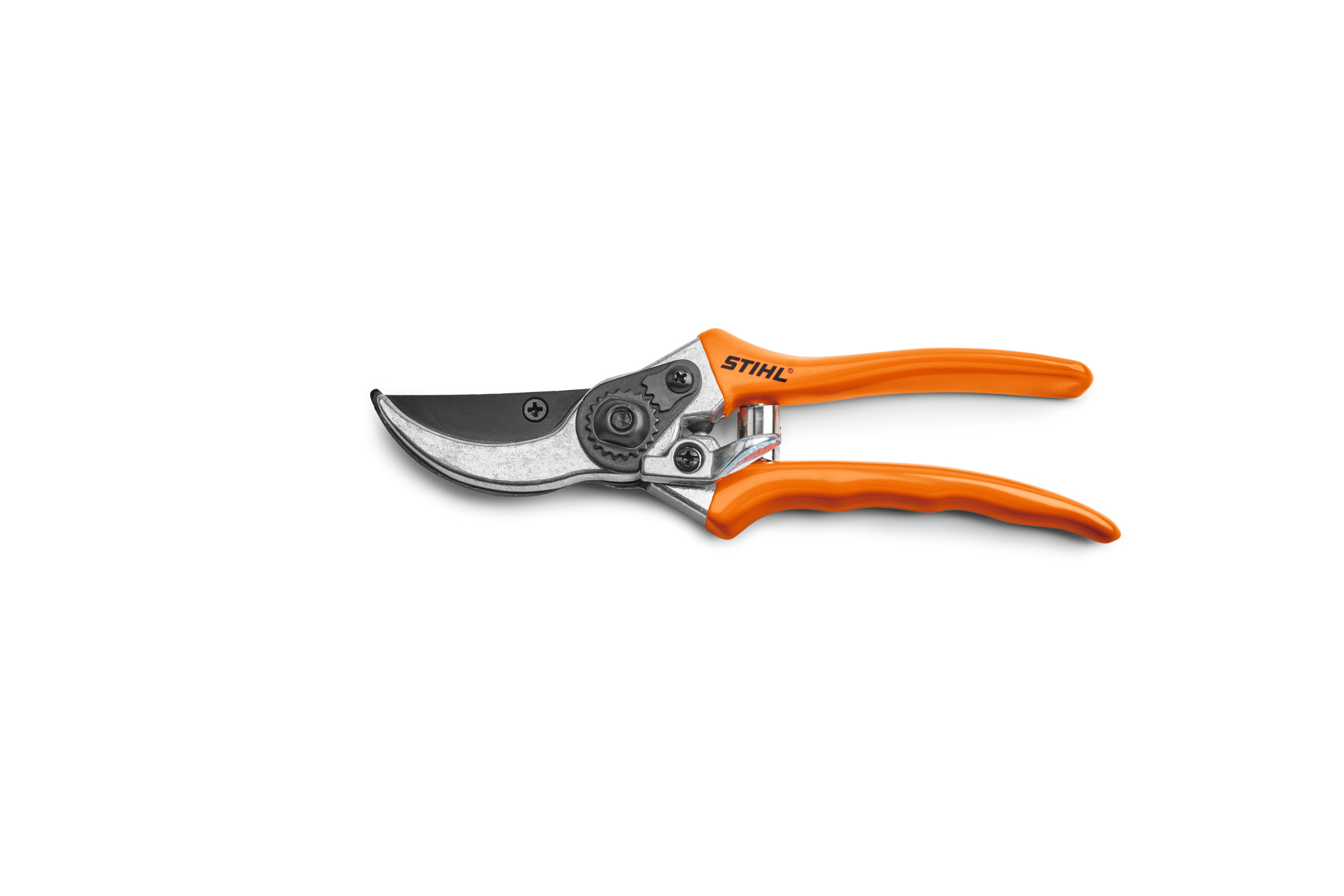STIHL Gartenschere PG 10 mit orangefarbenen Griffen auf weißem Hintergrund