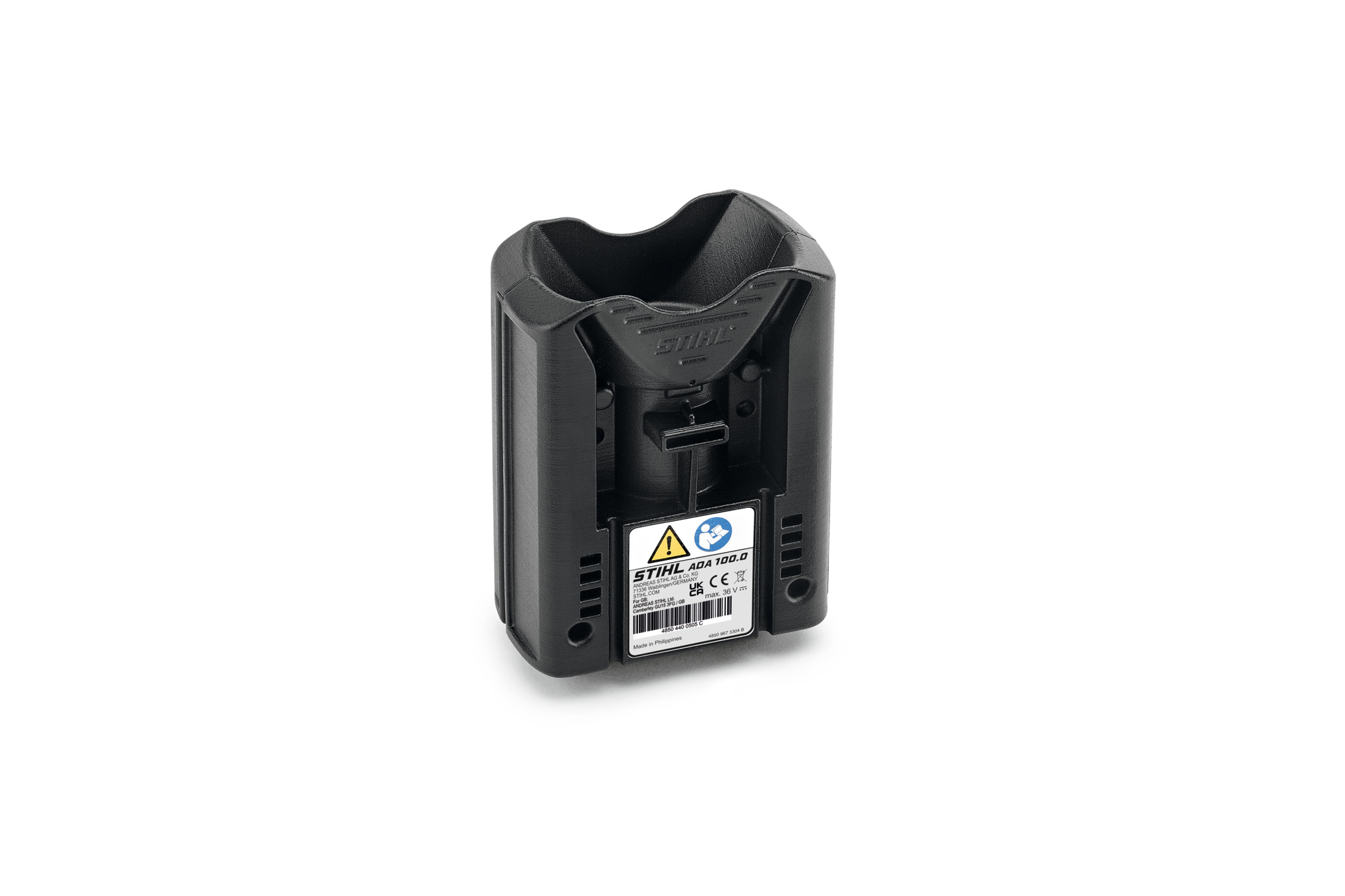 STIHL Adapter AP für Gartenwerkzeuge mit Warnschild und Logo