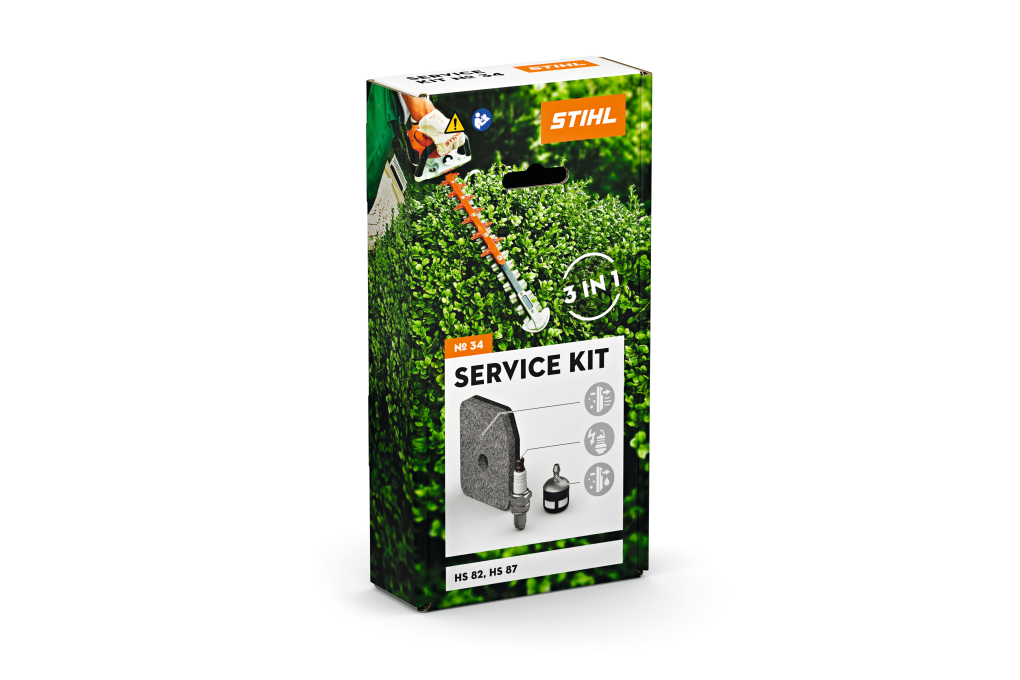 Verpackung des STIHL Service Kit 34 für Heckenscheren HS 82 und HS 87 mit Bildern von Heckenschere und Ersatzteilen