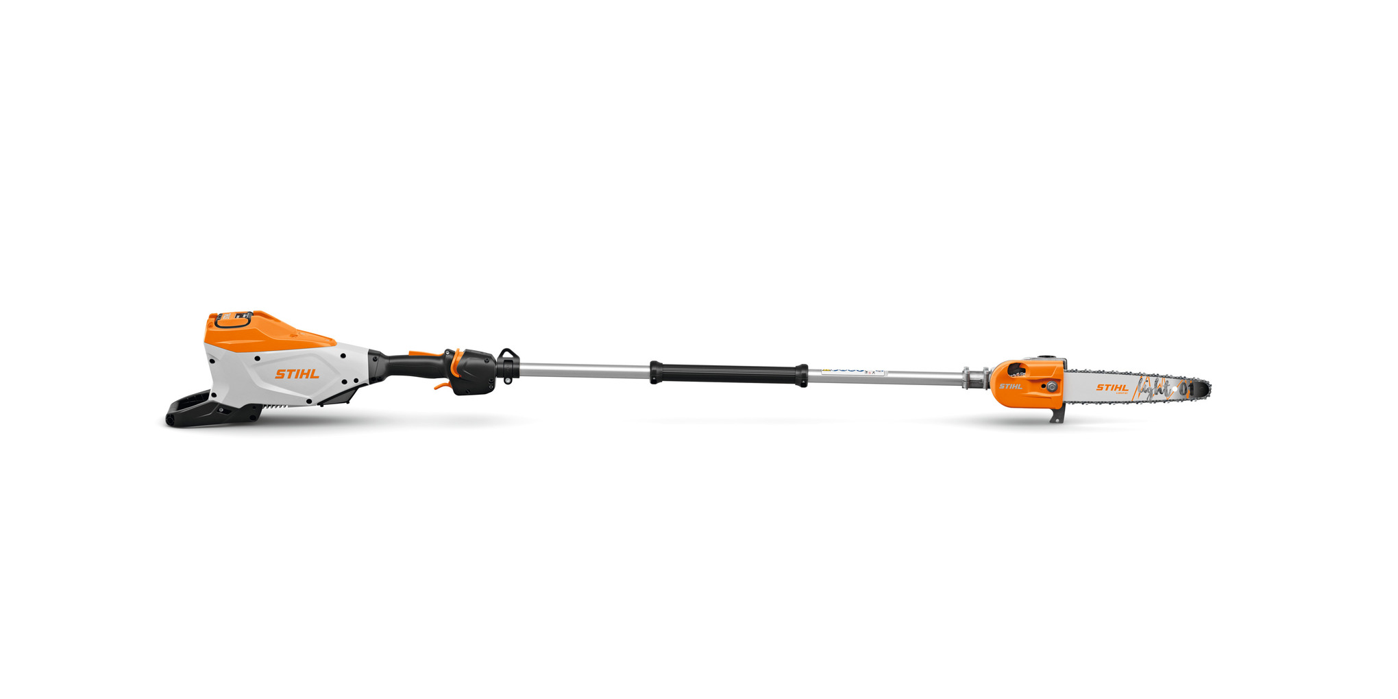 Stihl HTA 150 Akku-Hochentaster in Seitenansicht mit sichtbarem Schneidkopf und Motorblock