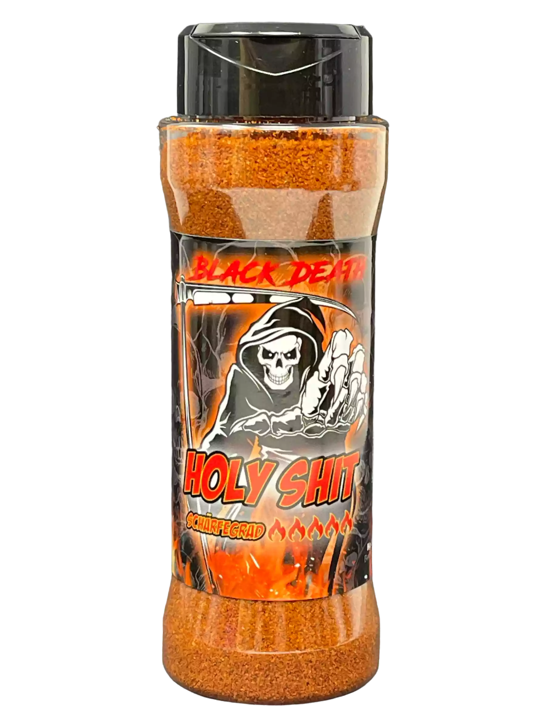 Gewürzstreuer Black Death Holy Shit mit scharfer Würzmischung und Skelett-Design