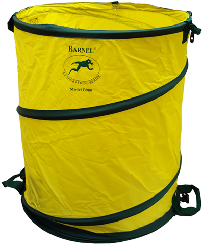Gelber Springsack B900 mit grünen Streifen und Logo, aus reißfestem PVC-Gewebe