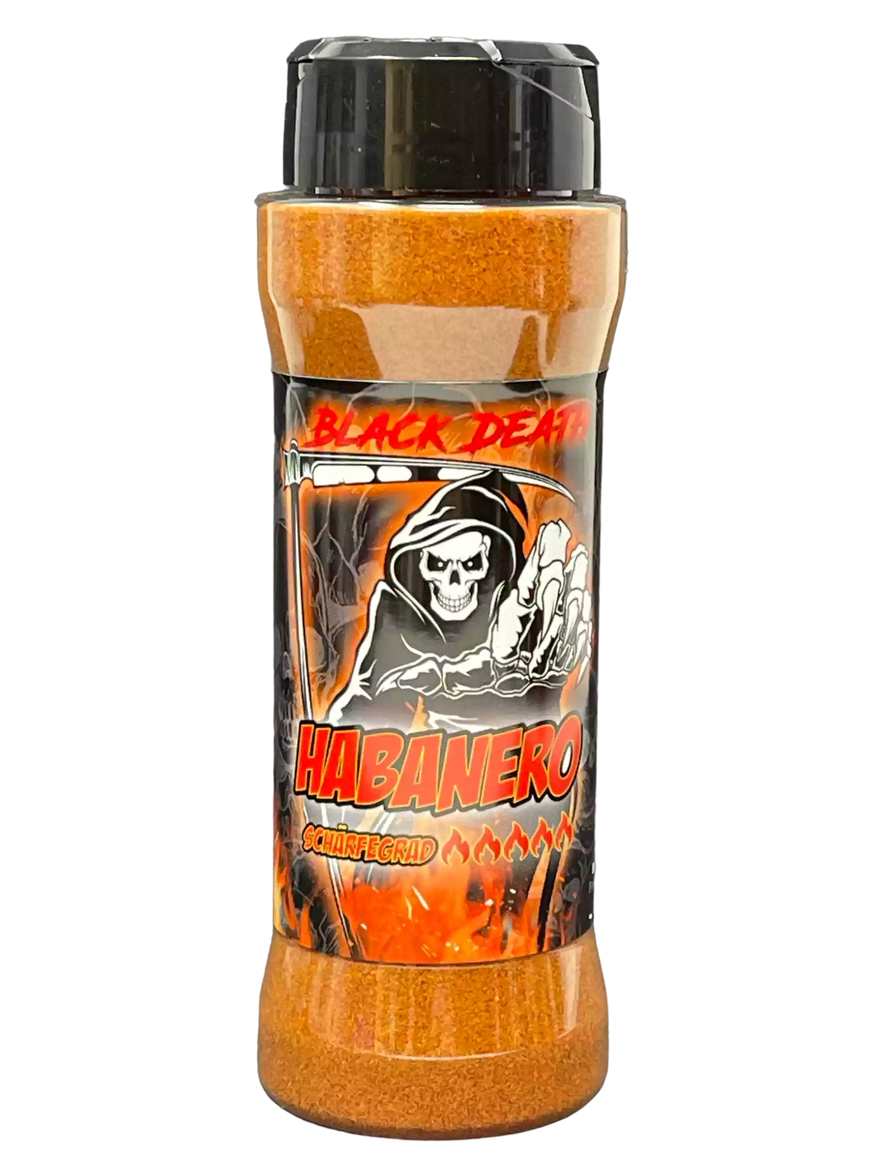 Transparenter Gewürzstreuer mit 'Black Death Habanero' Chili-Pulver und gruseligem Skelett-Design