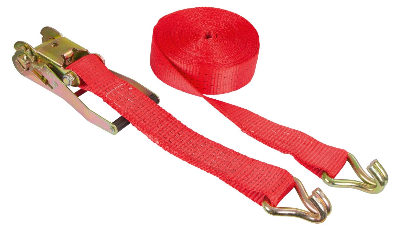 Roter Ratschenzurrgurt mit Metallratsche und Spitzhaken